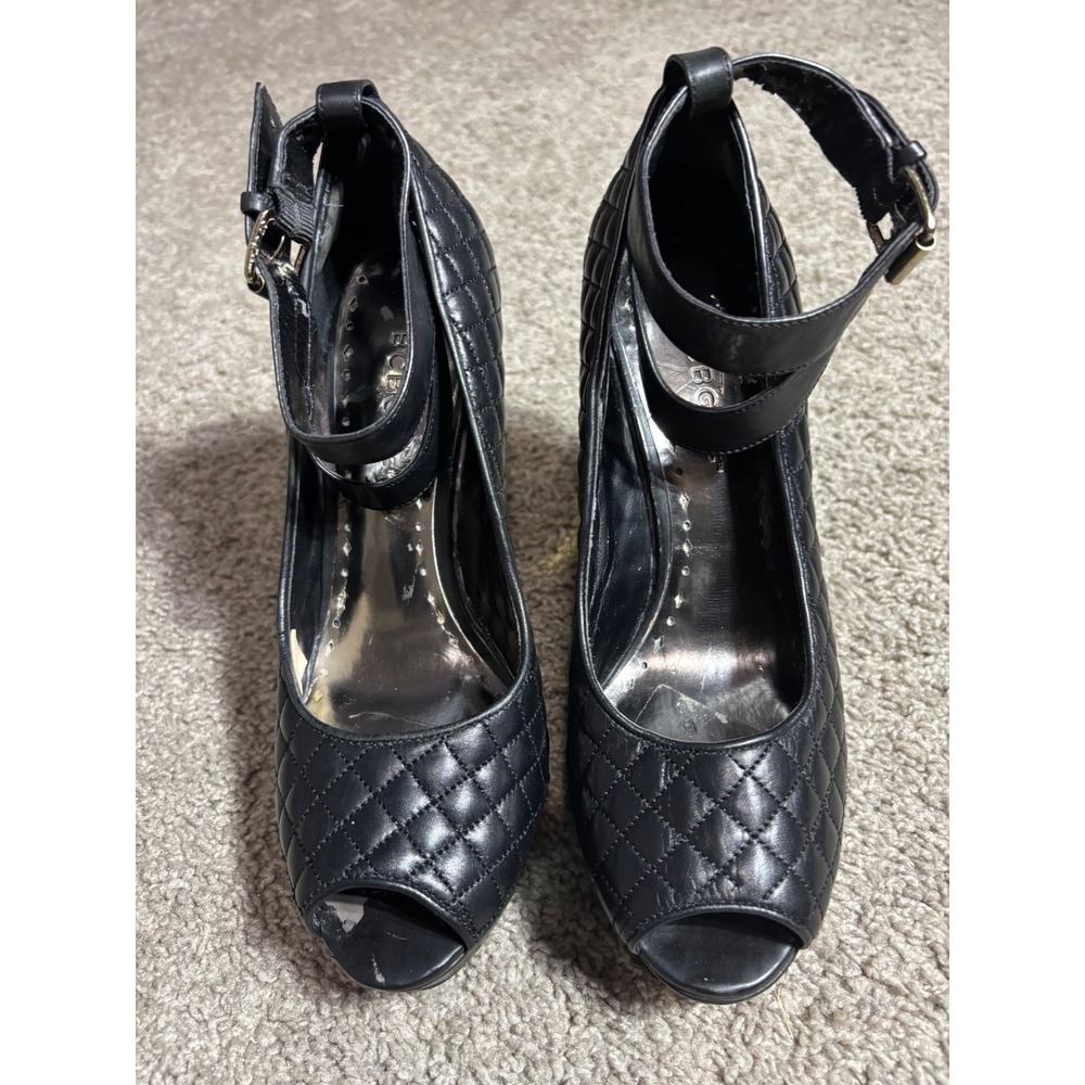 BCBGeneration Black Quilted Peep Toe Platform Pumps Gold Block Heel Ankle Strap7